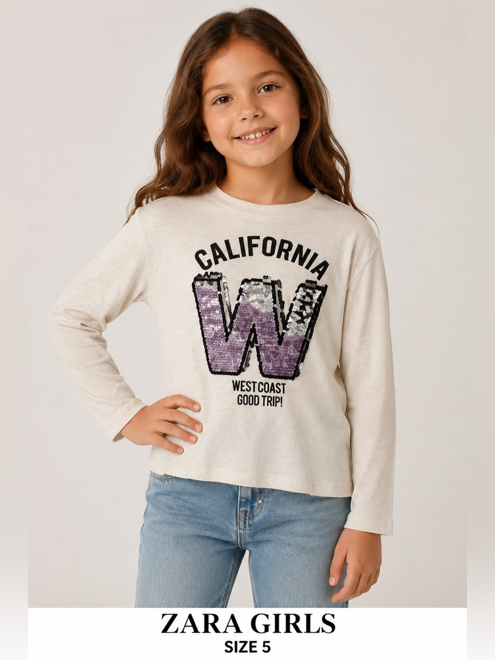ZARA GIRLS California girls Long Sleeve Shirt - Cream and Purple/size 5